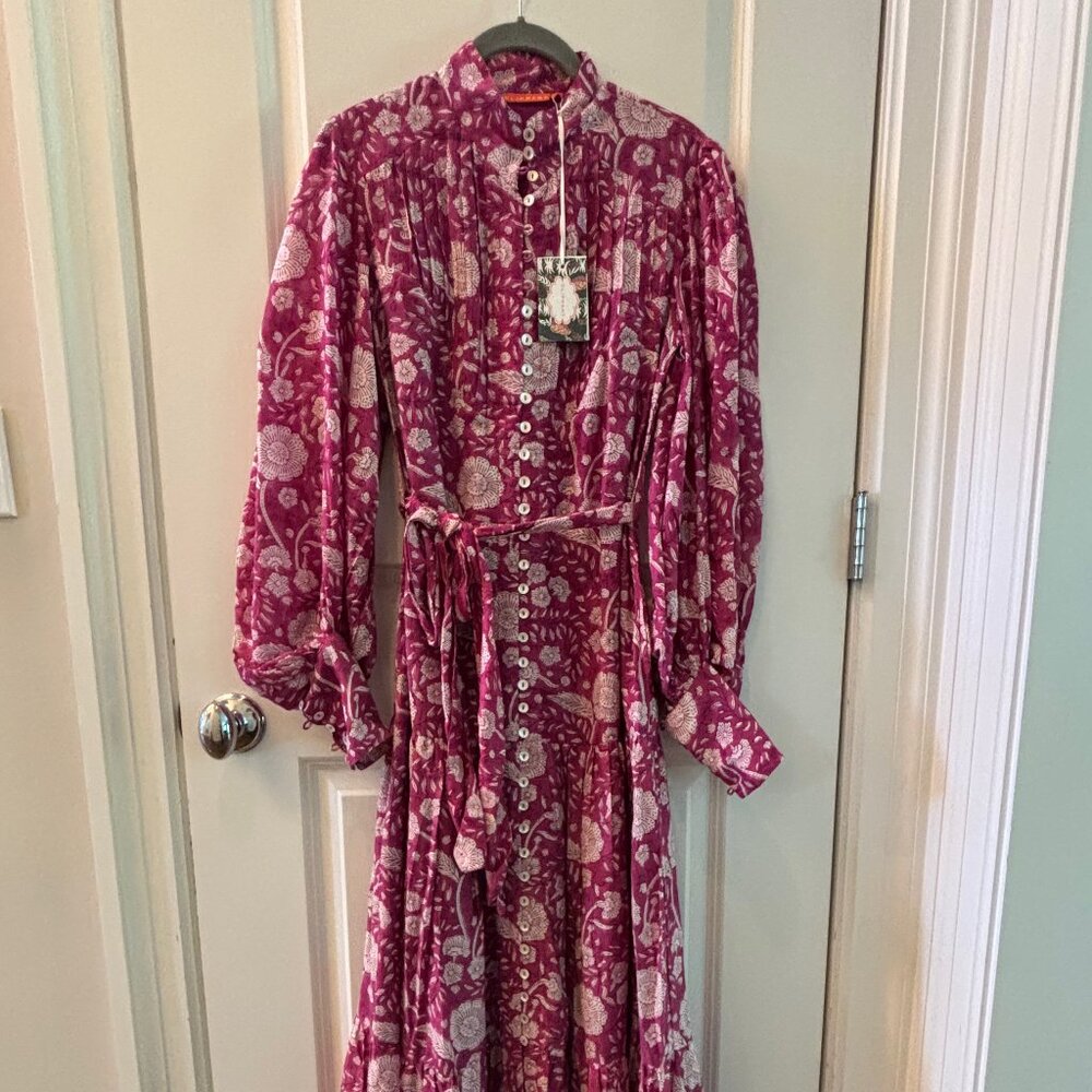NWT OLIPHANT mulberry high neck button maxi dress in magenta, Size XS